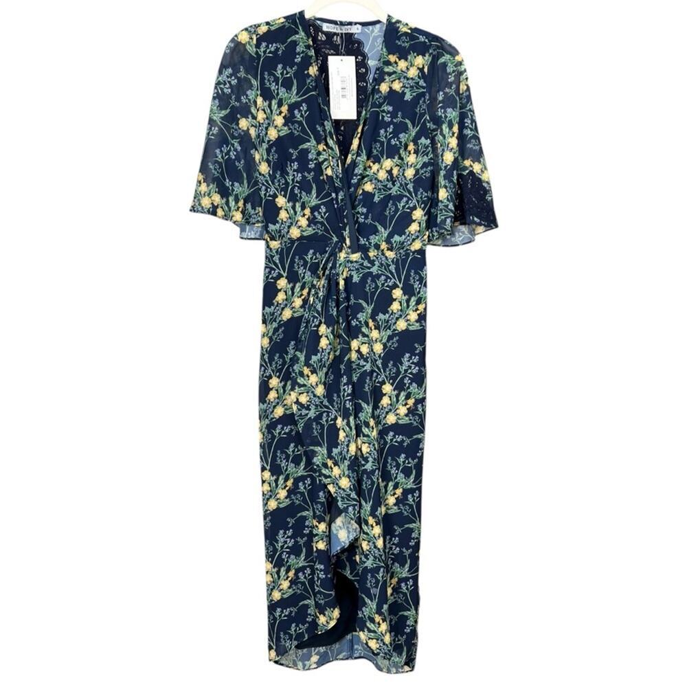 Hope & Ivy Kimono Front Midi Dress Navy Floral Wrap Dress Size 6 NWT